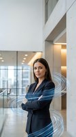 Professional businesswoman with digital energy streams in modern office environment representing innovation and technology transformation.