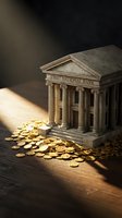 Classical bank building model with golden coins scattered around representing financial services and wealth management concepts.
