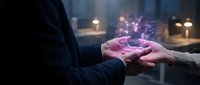 Business professionals shaking hands with digital network connections and glowing data visualization effects representing partnership and technology collaboration.