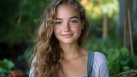 Young woman with long wavy blonde hair and natural makeup smiling outdoors in garden setting wearing casual summer dress and denim overalls in soft natural lighting.