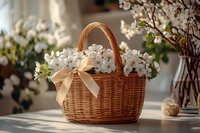 Woven wicker basket filled with fresh white spring blossoms and decorated with beige silk bow on sunlit table, creating romantic garden atmosphere.