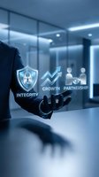 Businessman in dark suit holding glowing holographic icons representing integrity, growth, and partnership in modern office environment with glass walls and blue lighting.