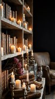 Cozy rustic library interior with vintage books, glowing candles on wooden shelves, warm atmospheric lighting for home decor and reading spaces.