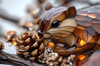 Artistic glass chipmunk figurine with pinecone and golden decorative elements in warm amber tones against blurred background creates cozy autumn atmosphere.