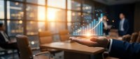 Businessman hand presenting holographic financial growth chart with upward arrow in modern office environment for business success presentations.
