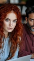 Young Caucasian woman with curly red hair and blue eyes sitting with Middle Eastern man in casual meeting or consultation setting.