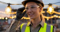 Smiling female construction worker in hard hat and safety vest with protective eyewear at illuminated worksite during golden hour for industrial projects.