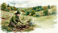 Young woman planting a tree sapling in a lush countryside landscape, watercolor illustration with rolling hills and forest in background.