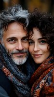 Close-up portrait of mature couple in warm winter scarves sharing intimate moment. Middle-aged man with gray hair and beard alongside woman with dark curly hair smiling.