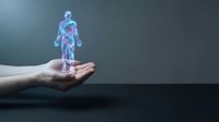 Digital holographic human figure floating above open palm against dark background representing futuristic technology and virtual reality concepts.