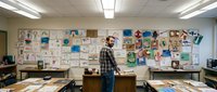 Young male teacher in plaid shirt standing in classroom with student artwork display wall, educational environment with desks and fluorescent lighting.