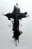 Abstract black ink cross with dramatic paint splatters and drips on white background for religious and spiritual design projects.