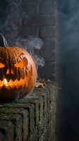 Carved jack-o'-lantern with glowing face and smoke wisping from top, positioned on moss-covered stone ledge against dark brick wall backdrop for seasonal decorations.