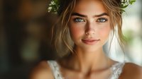 Young Caucasian woman with natural makeup, green wreath and white lace dress smiling gently at camera. Soft bokeh background creates dreamy wedding atmosphere.
