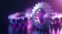 Glowing mechanical gear with digital particles on purple bokeh background, representing industrial technology and innovation in manufacturing process.