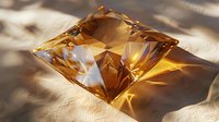Brilliant amber crystal gemstone with geometric facets casting warm shadows on textured beige surface. Luxury jewelry and precious stone concept for design use.