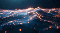 Abstract glowing wave pattern with bokeh light effects on dark background, featuring luminous particles and soft focus points creating dynamic movement.