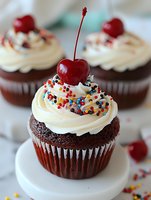 Chocolate cupcakes with creamy vanilla frosting, colorful sprinkles and fresh cherry on top, perfect for celebrations and dessert tables.