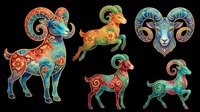 Ornate decorative ram and goat silhouettes with intricate mandala patterns, isolated on transparent background. Ready for t-shirt design, clipart, stickers, sublimation, and print-on-demand projects.