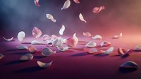 Pink and white rose petals falling and scattered on a purple surface with soft foggy light, romantic dreamy atmosphere for wedding or love themes.