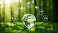 Glass globe with green world map surrounded by renewable energy icons on natural leaf background representing sustainable technology and environmental conservation.