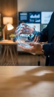 Businessman holding holographic sphere with risk text in modern office environment for financial management and business strategy presentations.