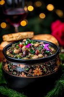 Mixed bean soup with herbs and edible flowers served in decorative black bowl against festive bokeh lights, garnished with fresh dill and crusty bread.
