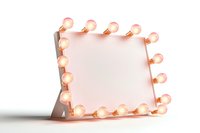 Empty makeup mirror with illuminated light bulbs around frame, creating warm glow on white background for beauty and vanity decor.