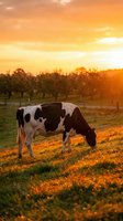 Holstein dairy cow grazing in pasture during golden hour sunset with warm orange sky and rural farm landscape background for agriculture concepts.