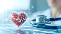 Medical stethoscope with digital red heart and ECG wave, healthcare technology concept on blue background with doctor in clinic office.
