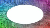Colorful circuit board background with white oval frame for text or logo placement in technology design projects.