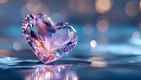 Crystal heart shape on reflective water surface with soft bokeh background in pink and blue tones, romantic mood for valentines and love concepts.