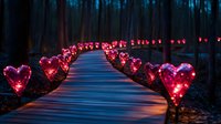 Illuminated heart-shaped lanterns line curved wooden pathway through dark forest creating romantic atmosphere with pink and red glowing lights at dusk.
