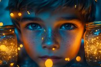 Magical portrait of young boy with freckles illuminated by glowing fireflies and warm golden bokeh lights against dark blue background, creating ethereal atmosphere.