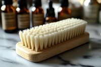 Wooden brush with white bristles on marble surface, amber glass bottles in background, soft focus macro photography for spa and wellness concepts.