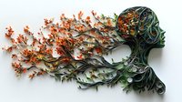 Artistic paper cut portrait with autumn leaves flowing from female silhouette in teal and orange colors, showing intricate quilling details and nature-inspired design.