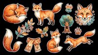 Watercolor fox collection featuring sleeping, standing, and jumping poses with floral elements, paw prints, and autumn foliage. Isolated on transparent background, ready for t-shirt designs, clipart, stickers, sublimation, and print-on-demand products.