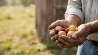 Farmer holding fresh red and yellow tomatoes in hands outdoors, harvest season produce for agriculture and farming industry use.