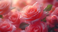 Coral pink roses with water droplets in soft focus garden setting, perfect for romantic, wedding, and floral design projects.
