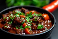Hearty beef stew with tender meat chunks, cherry tomatoes and fresh herbs in rich brown sauce served in black cast iron pan, close up view on dark background.