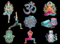 Colorful yoga sticker set isolated on transparent background, featuring poses, om symbol, mandala, hamsa, mat, blocks, and essential oil for clipart or t-shirt design.