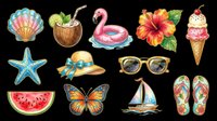 Colorful summer clipart set with seashell, flamingo float, coconut drink, hibiscus, ice cream, starfish, hat, sunglasses, watermelon, butterfly, sailboat, and flip flops, isolated on transparent background.