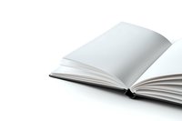 Open blank book with white pages against light background, minimalist composition showing empty pages fanned out, ready for creative content and design projects.