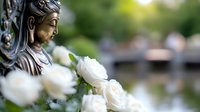 Bronze statue of serene female figure with white roses in foreground against soft bokeh garden background, creating peaceful spiritual atmosphere.