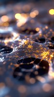 Glowing golden light particles on delicate spider web strands create magical bokeh effect against dark background, capturing ethereal morning dew atmosphere.