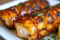 Grilled cod fish fillets with caramelized glaze and fresh herbs on white plate, macro shot showing juicy texture and charred edges, garnished with parsley and lemon.