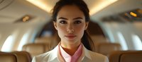 Young female flight attendant with professional appearance wearing white jacket and pink scarf smiling confidently inside luxury private jet cabin with warm lighting.