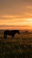 Silhouette of horse grazing in golden grassland field during dramatic sunset with warm orange sky and rolling hills in peaceful countryside landscape.