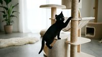 Black cat climbing on wooden cat tree with multiple levels and platforms in bright home interior with potted plant.