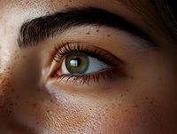 Close up macro shot of green eye with natural freckles on fair skin, long eyelashes and defined eyebrow showing natural beauty and facial features in soft lighting.